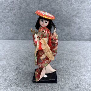 Vintage Japanese Geisha Doll Traditional Red & Gold Kimono Floral Pattern, Japan